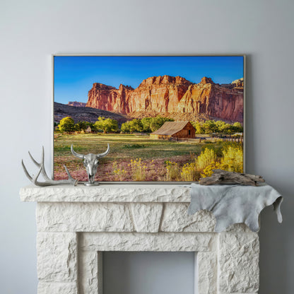 Fruita Barn with Red Rock Cliffs Canvas in silver floating frame