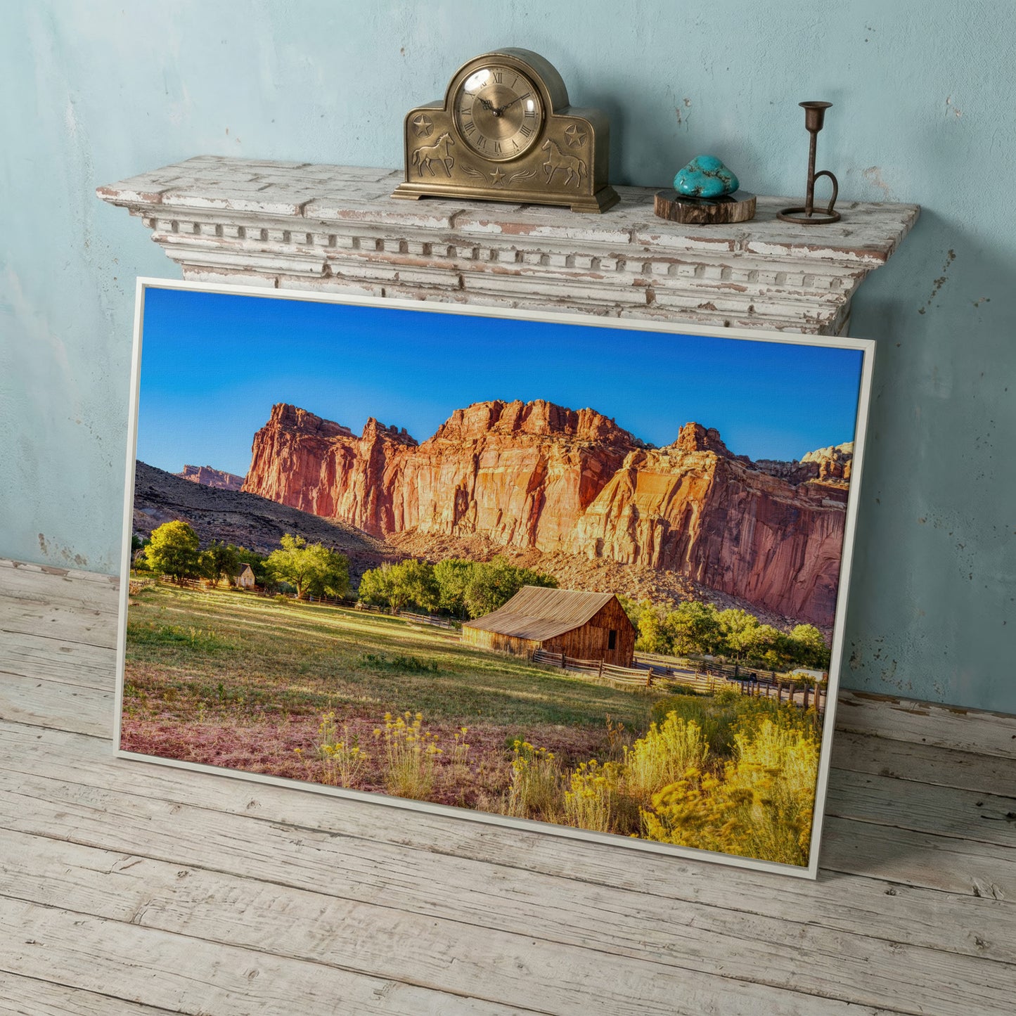 Fruita Barn with Red Rock Cliffs Canvas in white floating frame