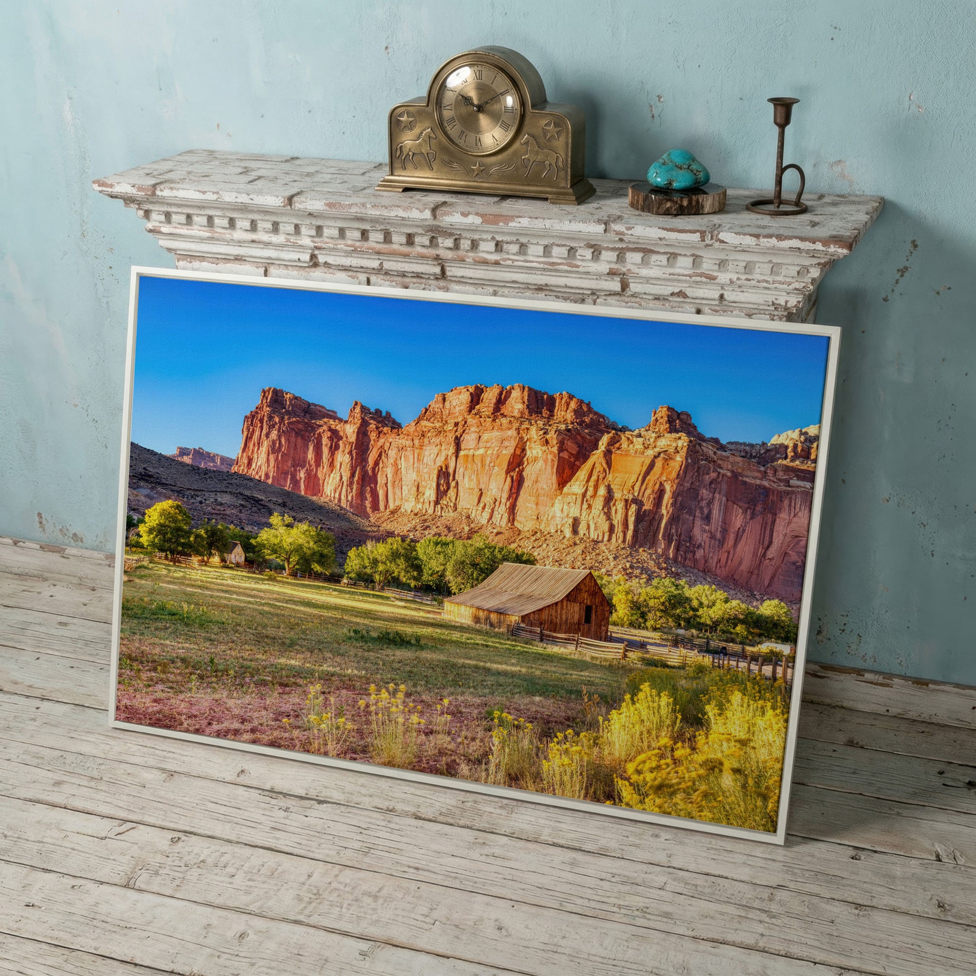 Fruita Barn with Red Rock Cliffs Canvas in white floating frame