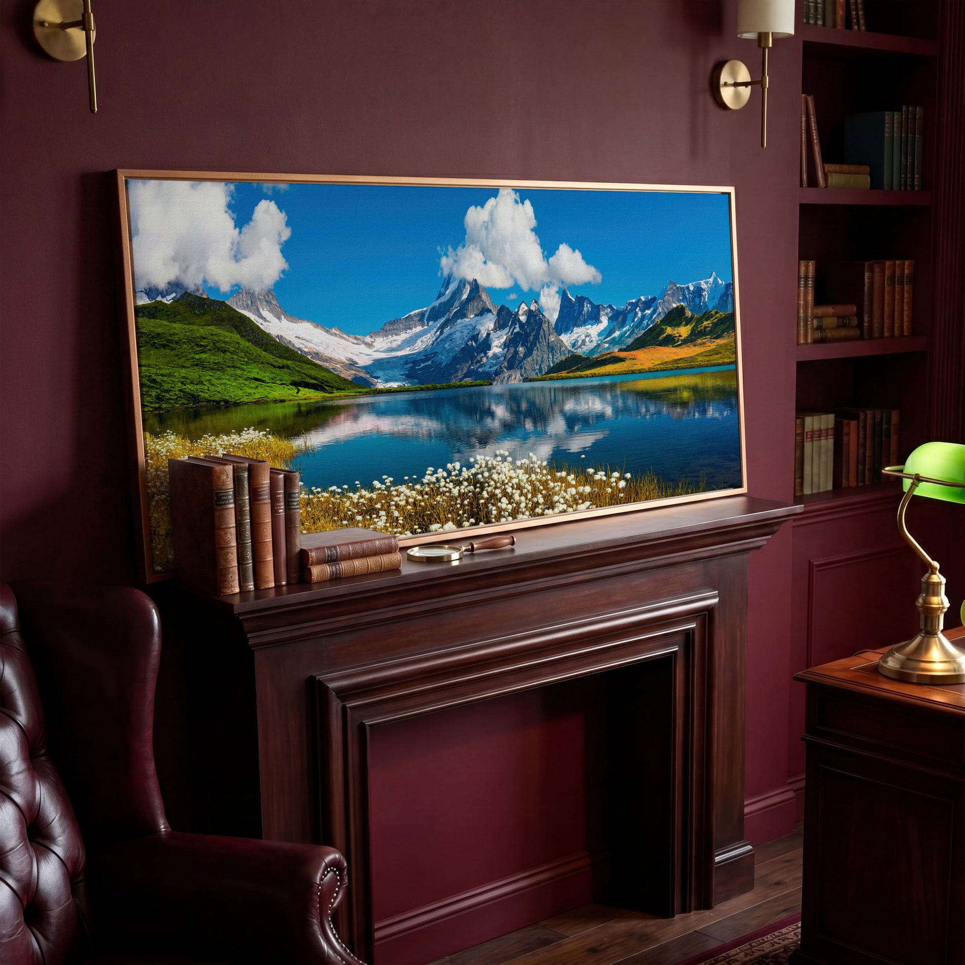 Bachalpsee Lake Panoramic Canvas Print, Swiss Alps in antique gold floating frame