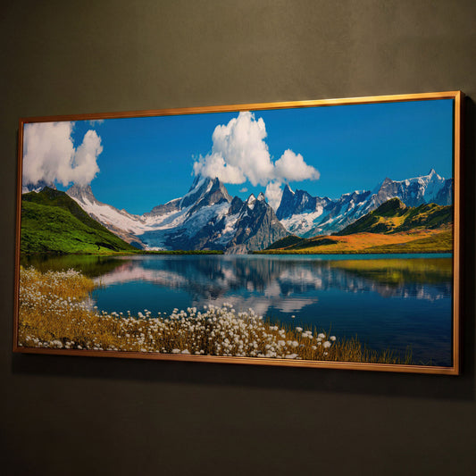 Bachalpsee Lake Panoramic Canvas Print, Swiss Alps shown in antique gold floating frame