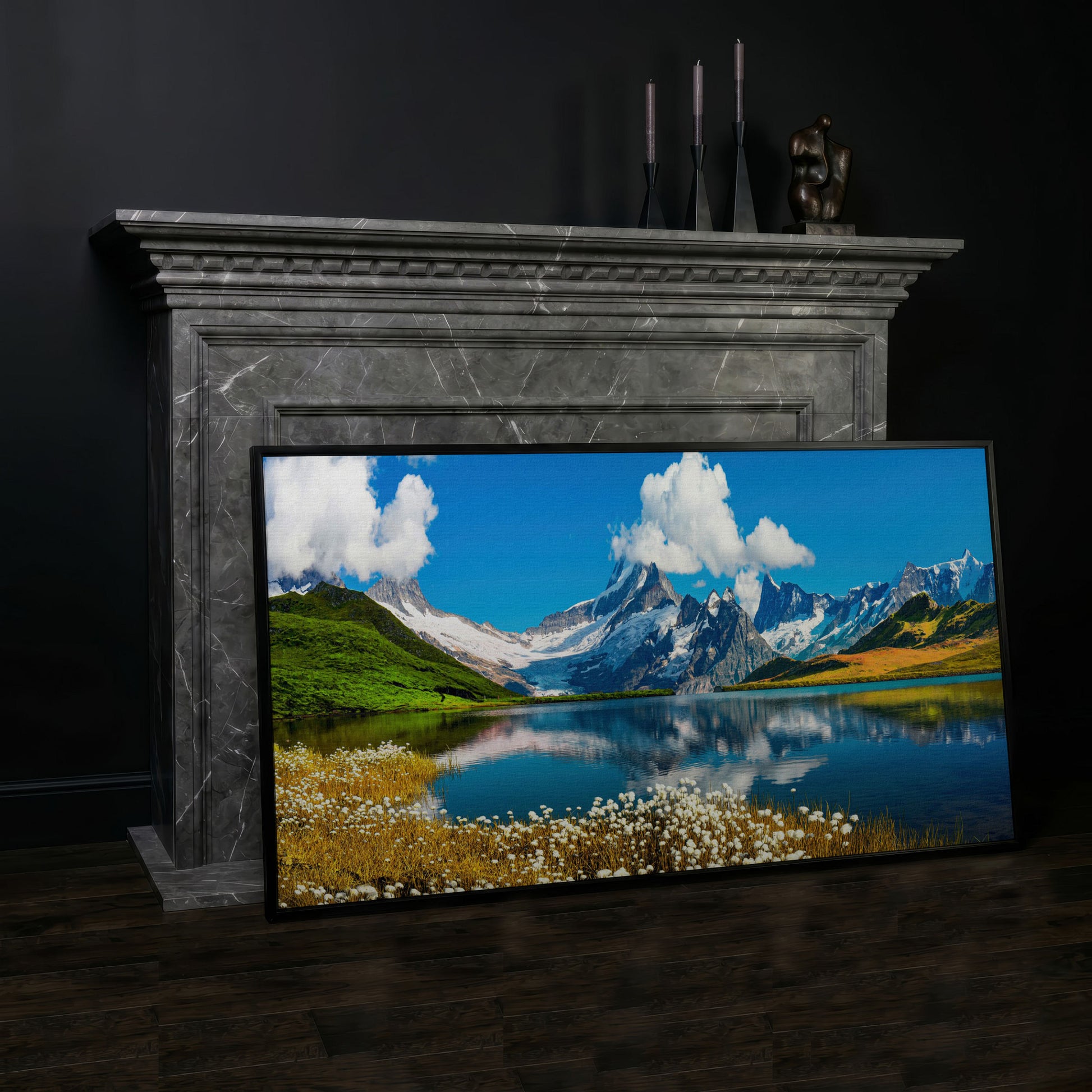 Bachalpsee Lake Panoramic Canvas Print, Swiss Alps in black floating frame