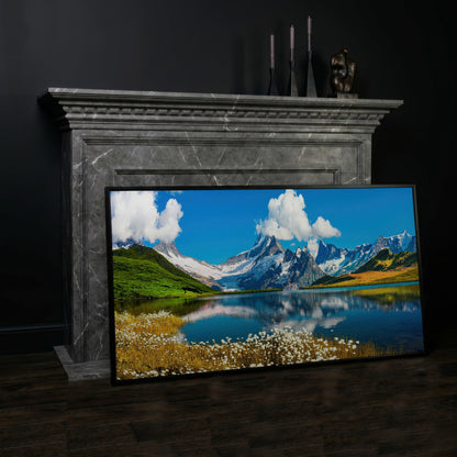 Bachalpsee Lake Panoramic Canvas Print, Swiss Alps in black floating frame