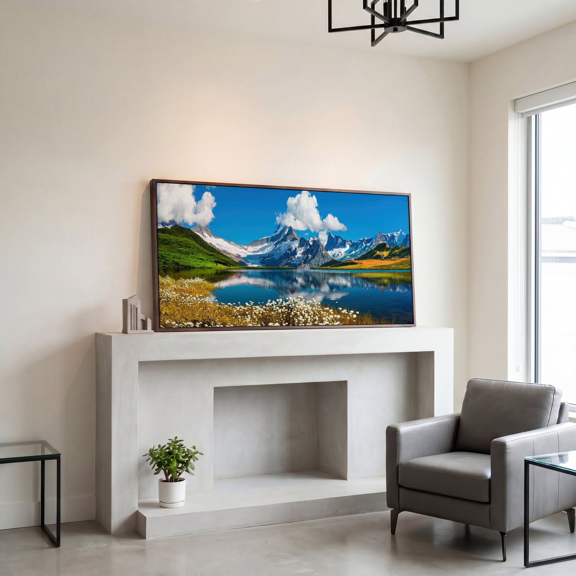 Bachalpsee Lake Panoramic Canvas Print, Swiss Alps in dark walnut floating frame