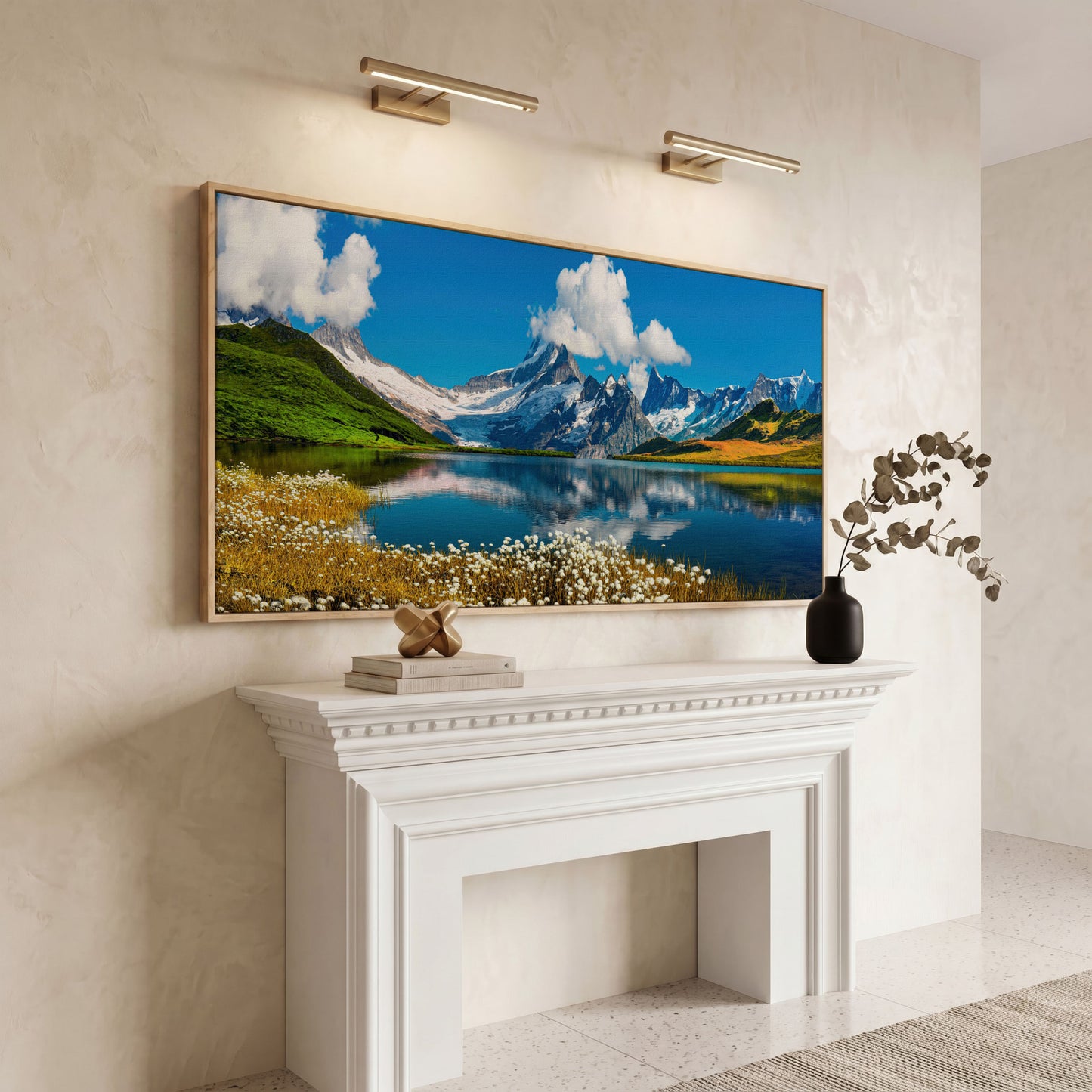 Bachalpsee Lake Panoramic Canvas Print, Swiss Alps in white oak floating frame
