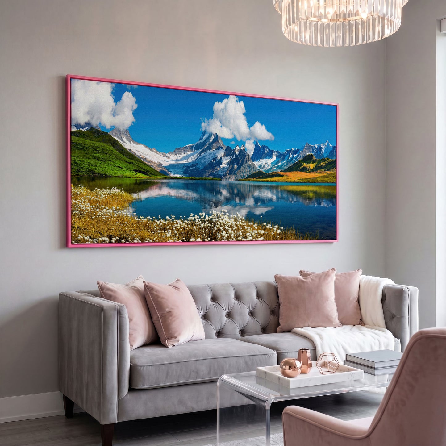 Bachalpsee Lake Panoramic Canvas Print, Swiss Alps in pink floating frame