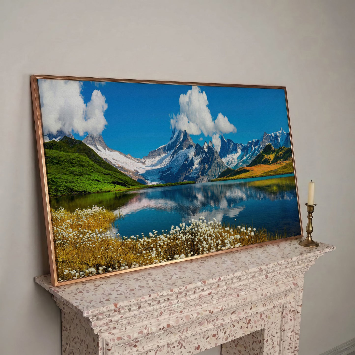 Bachalpsee Lake Panoramic Canvas Print, Swiss Alps in rose gold floating frame