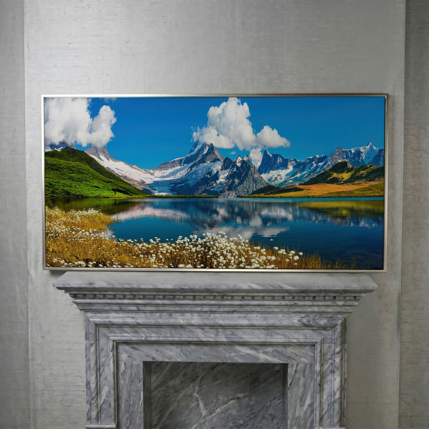 Bachalpsee Lake Panoramic Canvas Print, Swiss Alps in silver floating frame
