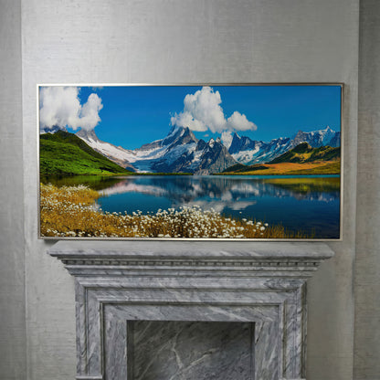 Bachalpsee Lake Panoramic Canvas Print, Swiss Alps in silver floating frame
