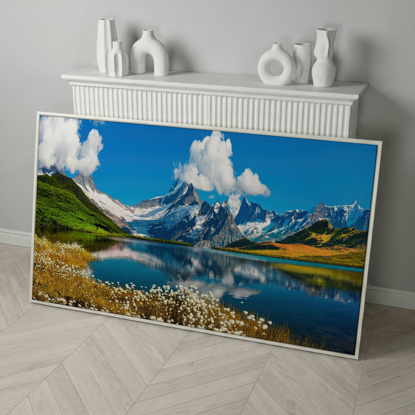 Bachalpsee Lake Panoramic Canvas Print, Swiss Alps in white floating frame