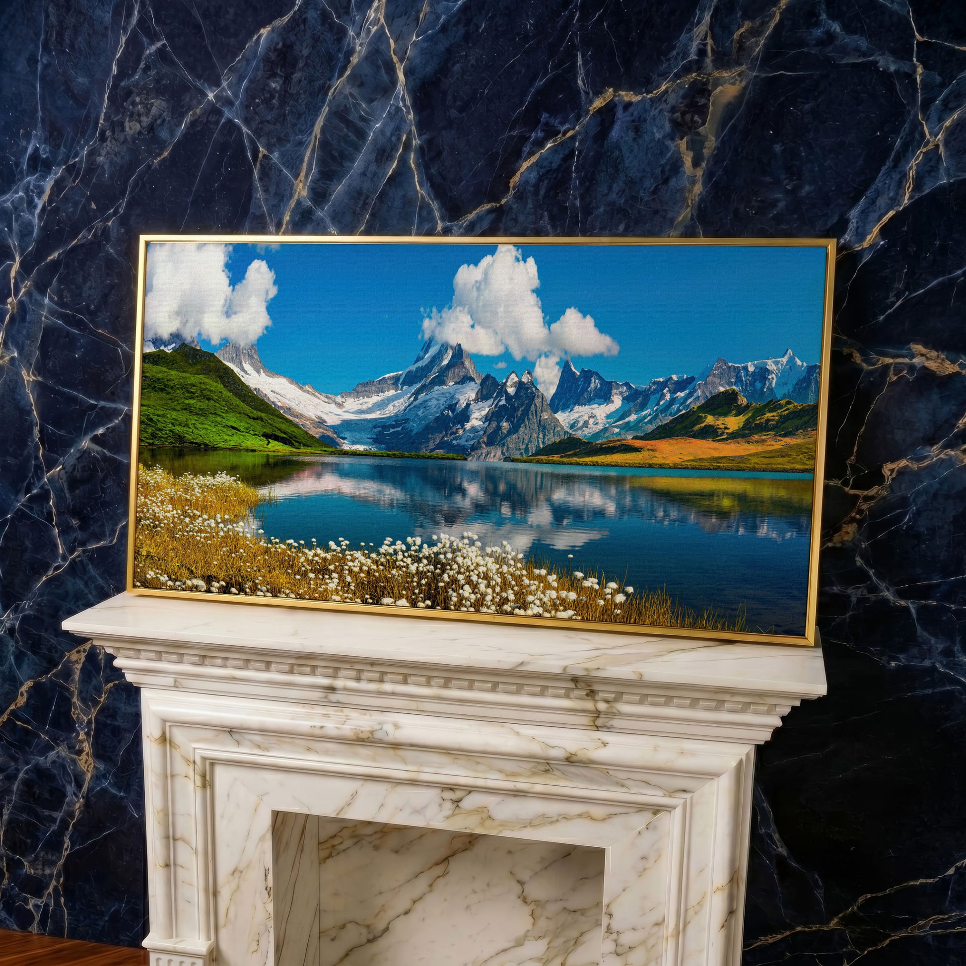 Bachalpsee Lake Panoramic Canvas Print, Swiss Alps in yellow gold floating frame