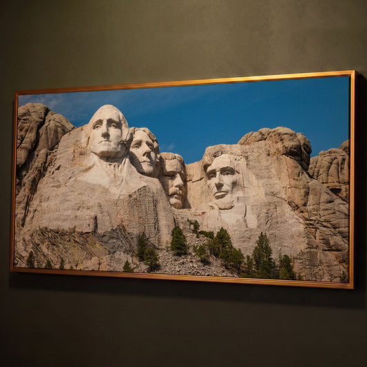 Mount Rushmore National Monument Canvas shown in antique gold floating frame