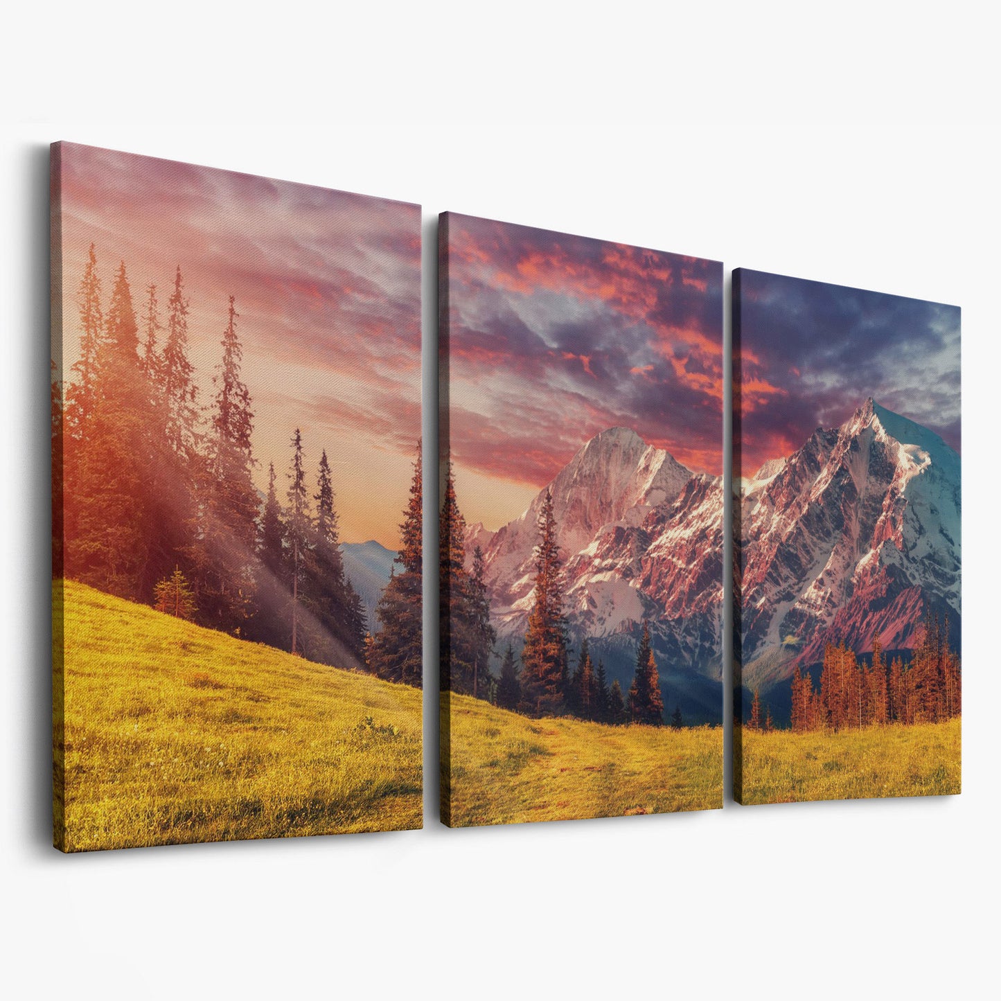 Alpine Glow at Dusk Mountain Canvas as 3-panel split version