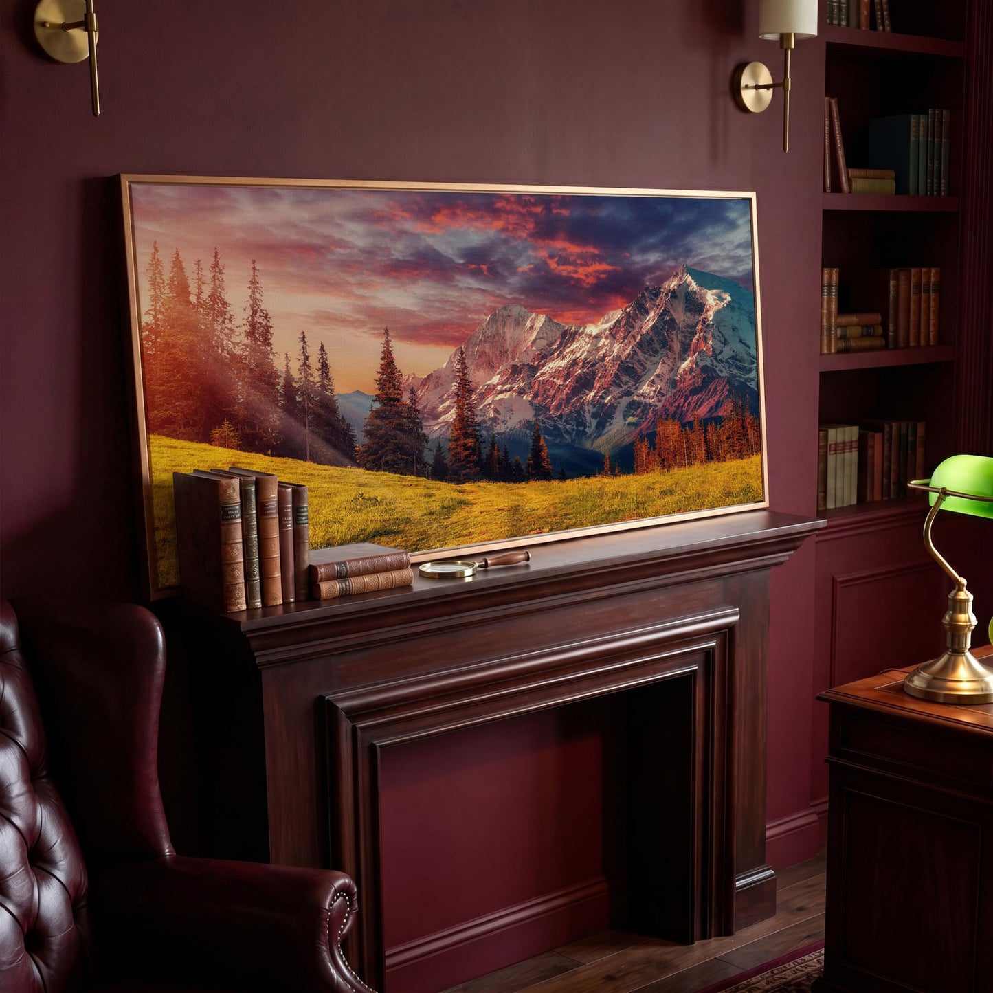 Alpine Glow at Dusk Mountain Canvas in antique gold floating frame