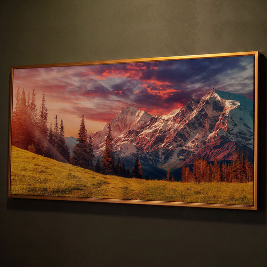 Alpine Glow at Dusk Mountain Canvas shown in antique gold floating frame