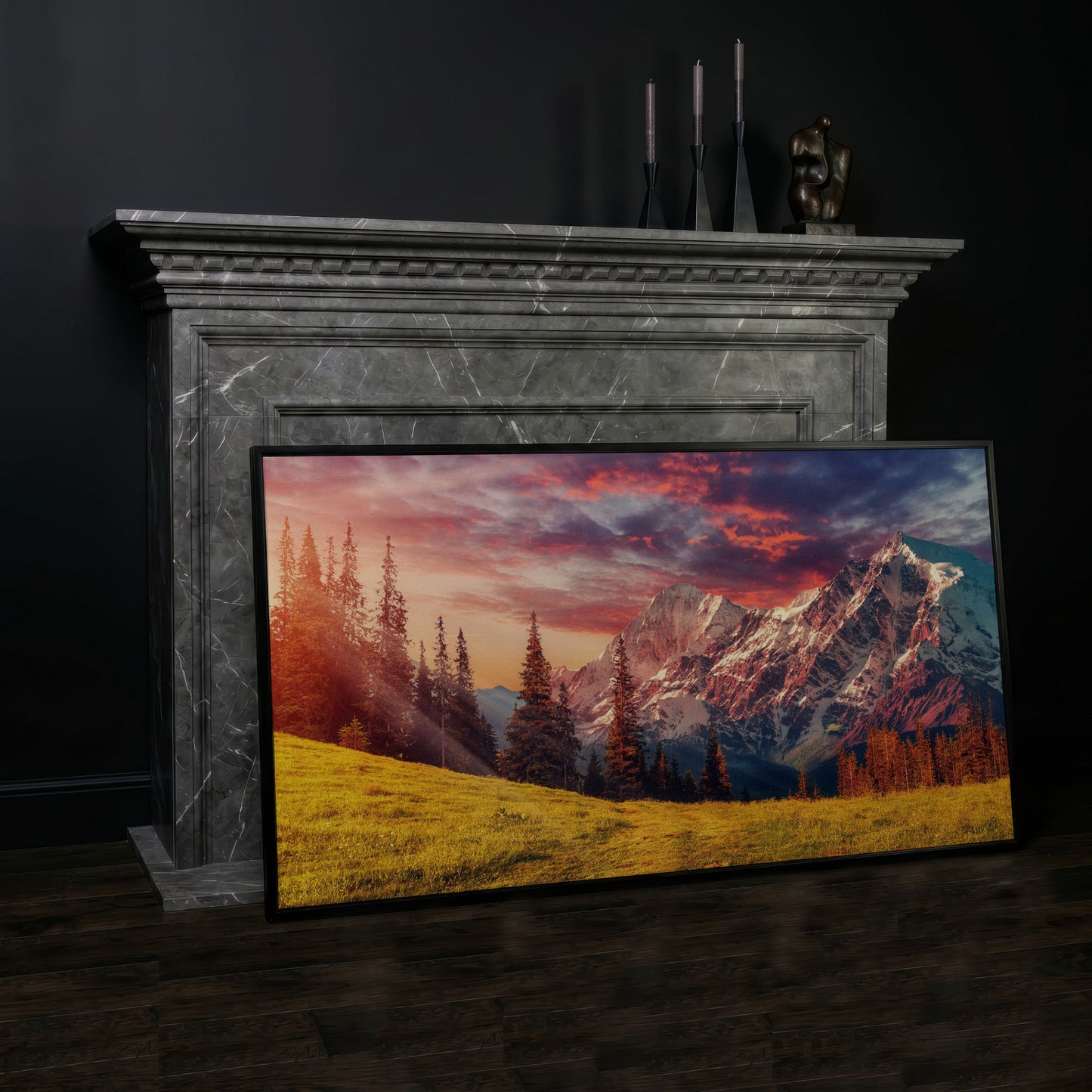 Alpine Glow at Dusk Mountain Canvas in black floating frame