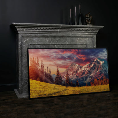 Alpine Glow at Dusk Mountain Canvas in black floating frame