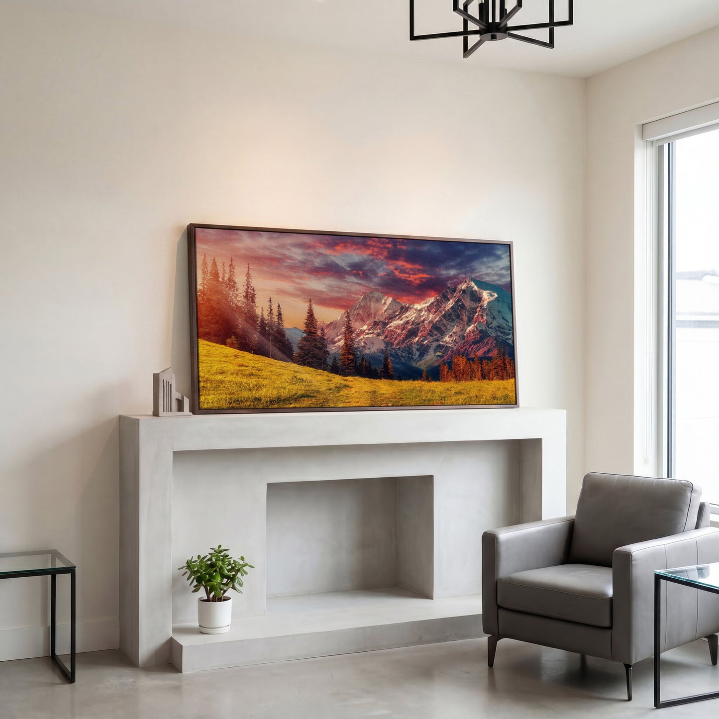 Alpine Glow at Dusk Mountain Canvas in dark walnut floating frame