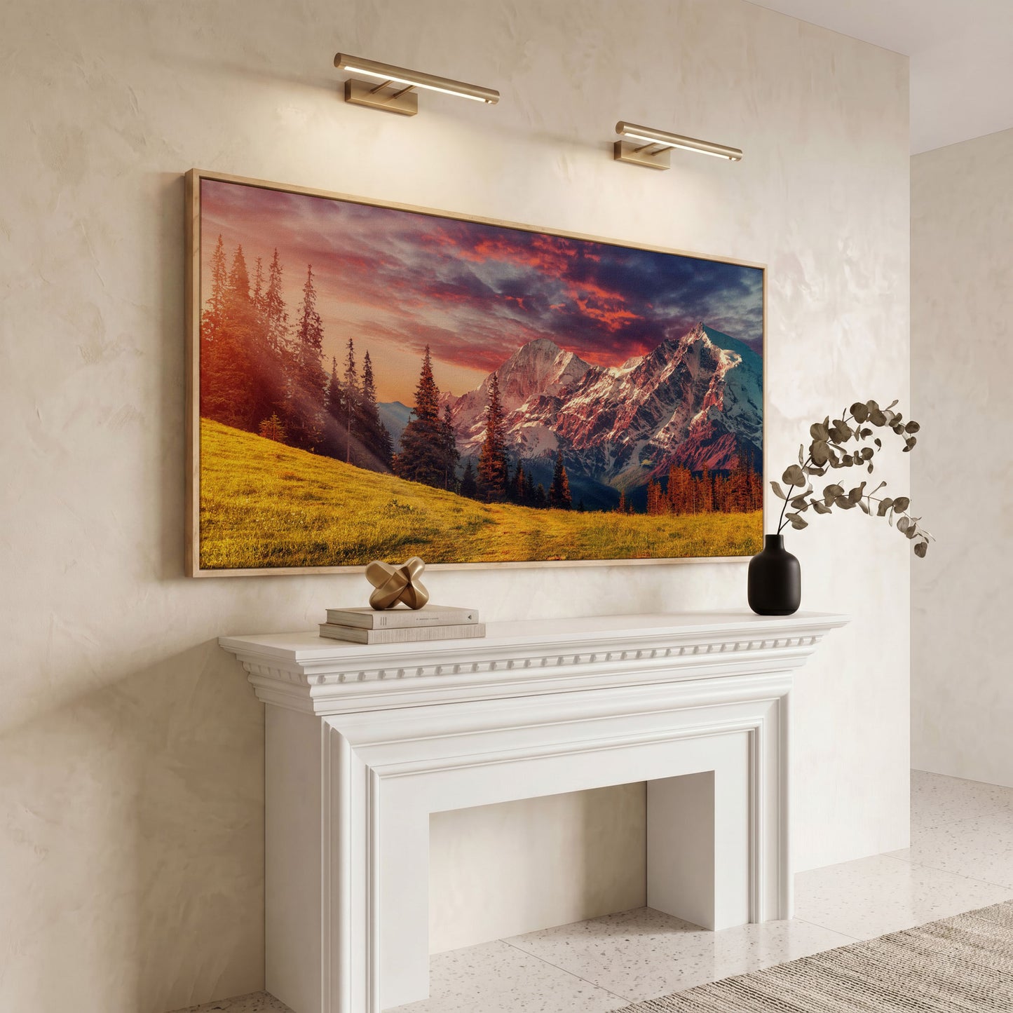 Alpine Glow at Dusk Mountain Canvas in white oak floating frame