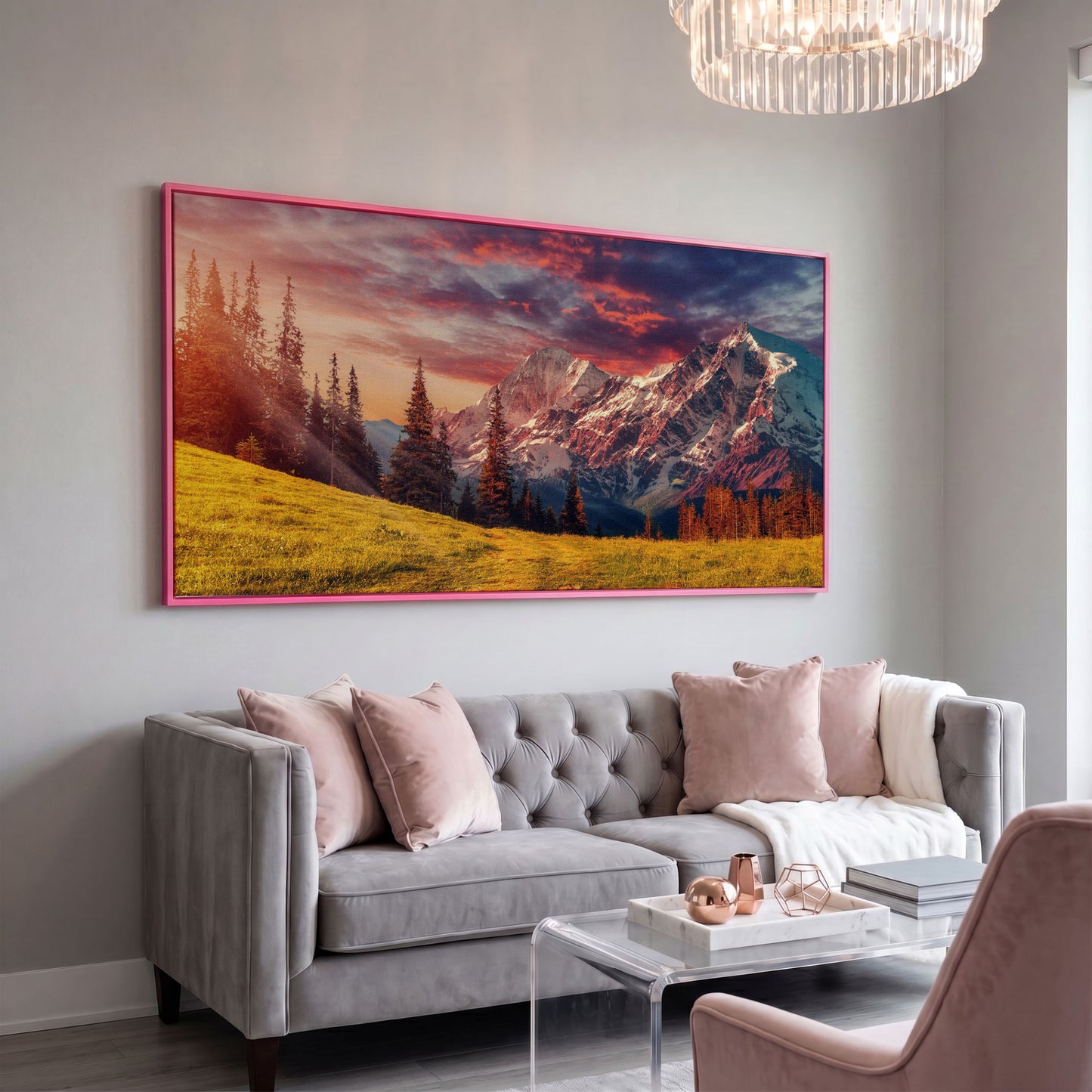 Alpine Glow at Dusk Mountain Canvas in pink floating frame