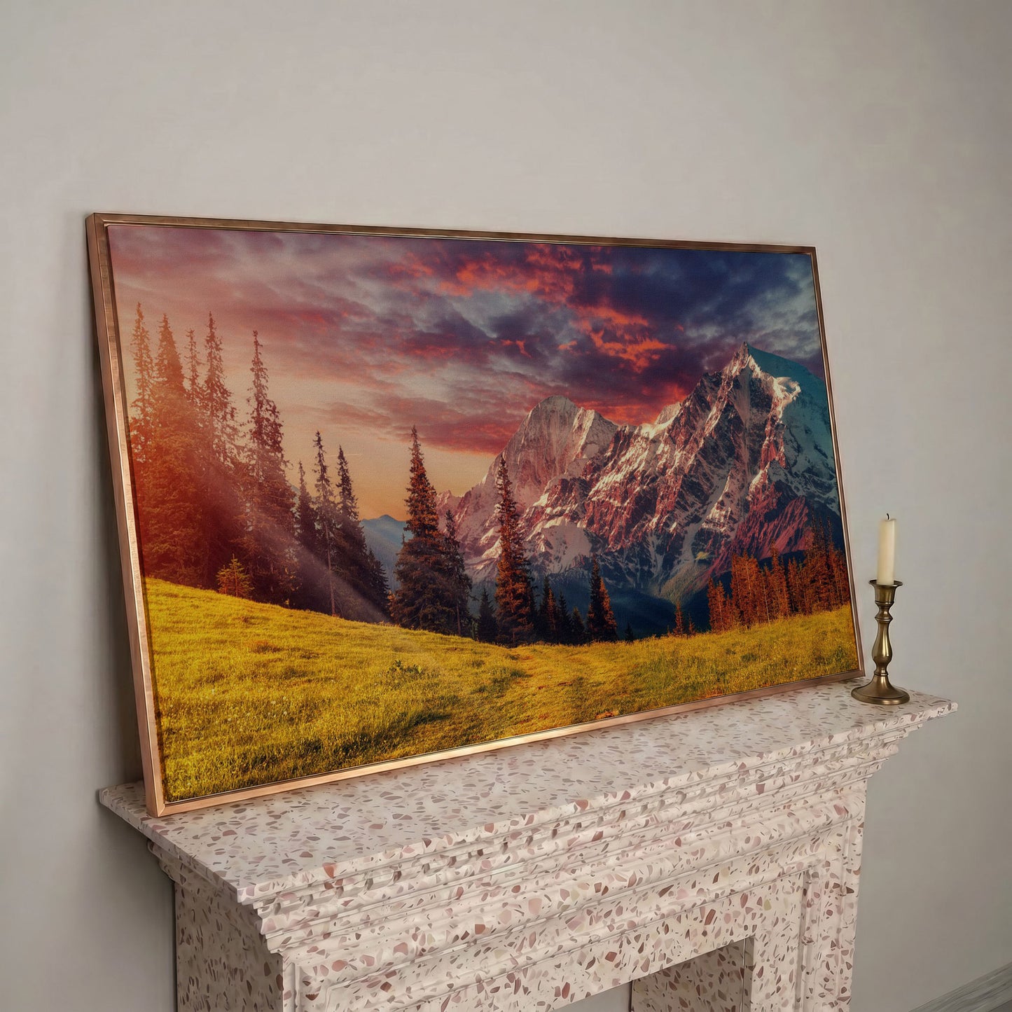 Alpine Glow at Dusk Mountain Canvas in rose gold floating frame