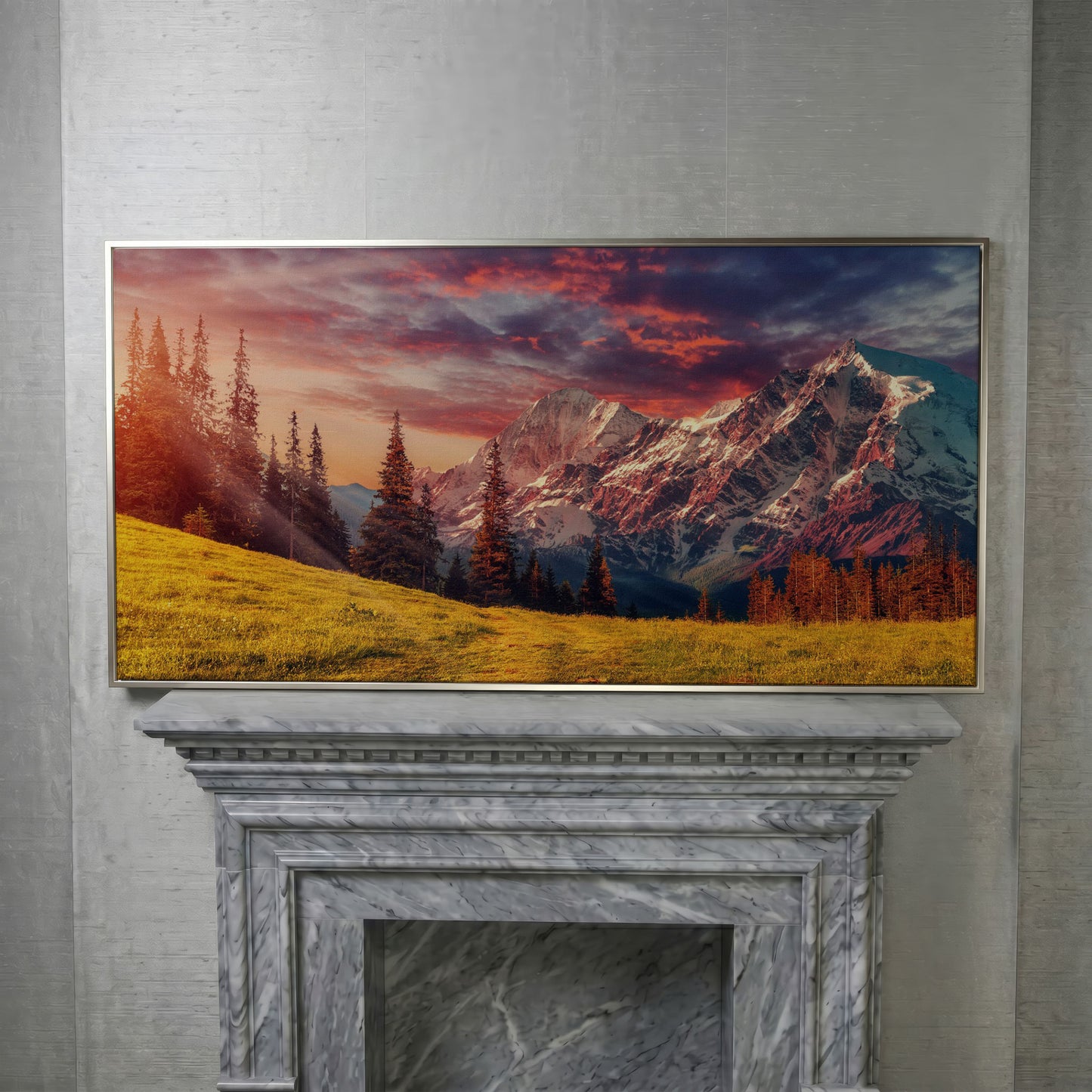Alpine Glow at Dusk Mountain Canvas in silver floating frame