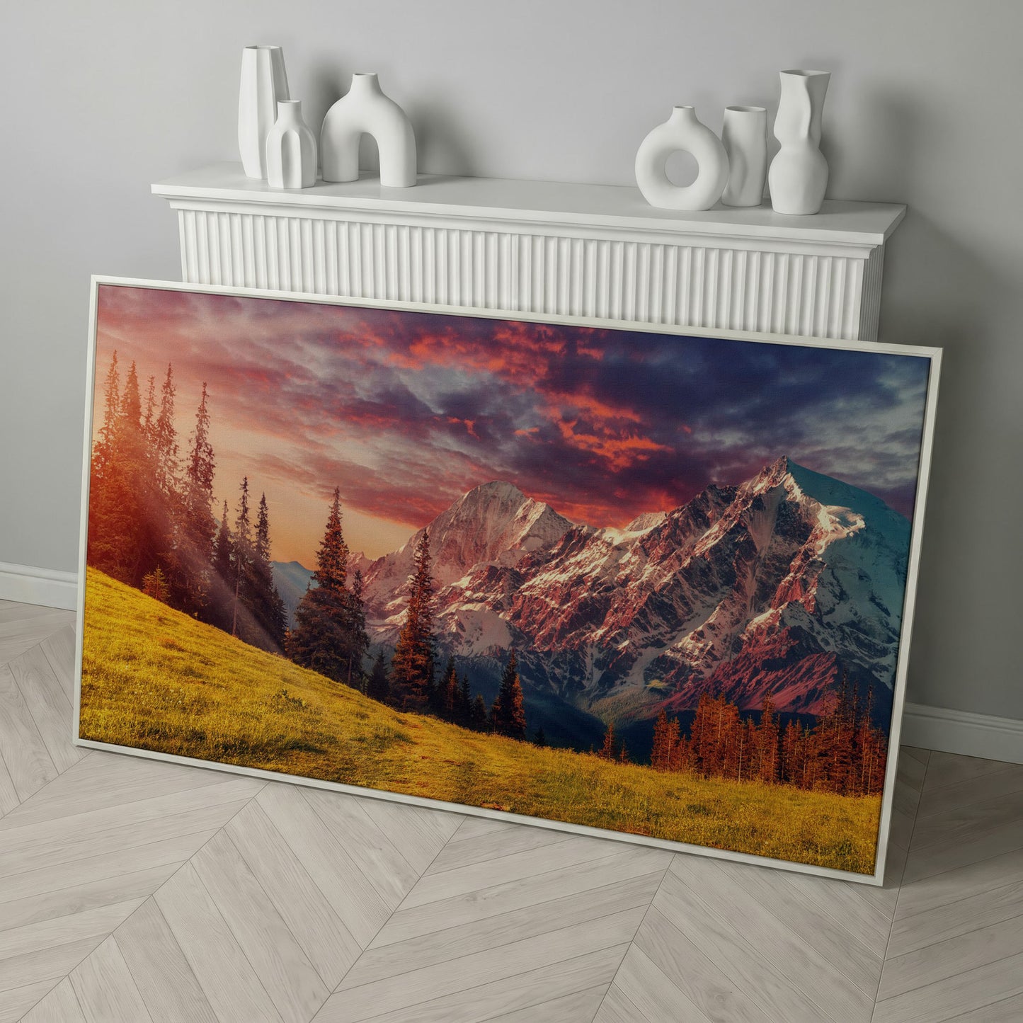 Alpine Glow at Dusk Mountain Canvas in white floating frame