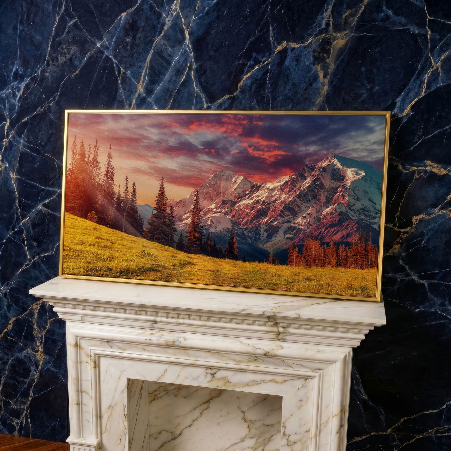 Alpine Glow at Dusk Mountain Canvas in yellow gold floating frame
