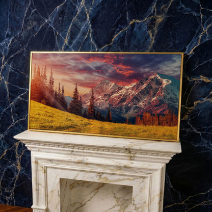 Alpine Glow at Dusk Mountain Canvas in yellow gold floating frame