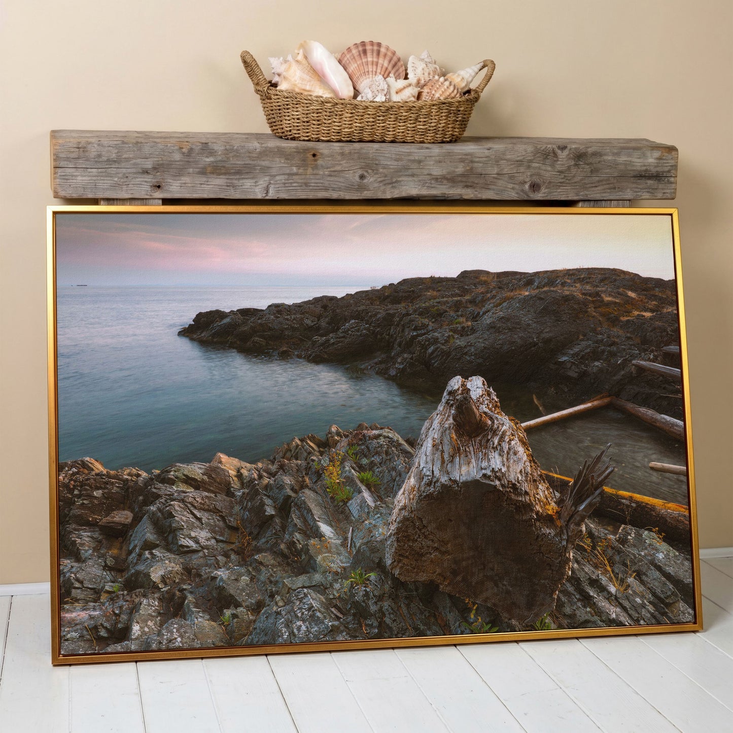 Bowen Island Rocky Shoreline Canvas Print in antique gold floating frame
