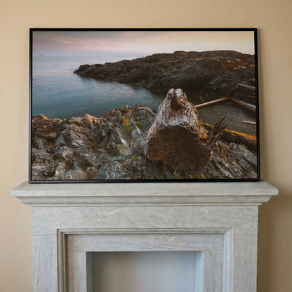 Bowen Island Rocky Shoreline Canvas Print in black floating frame