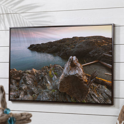 Bowen Island Rocky Shoreline Canvas Print in dark walnut floating frame