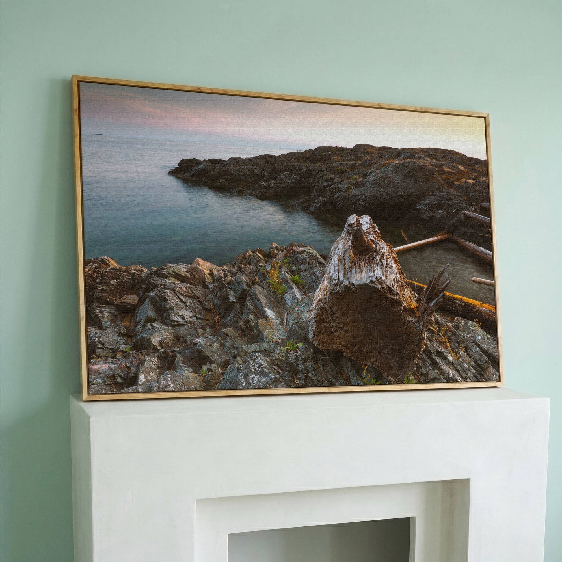 Bowen Island Rocky Shoreline Canvas Print in white oak floating frame