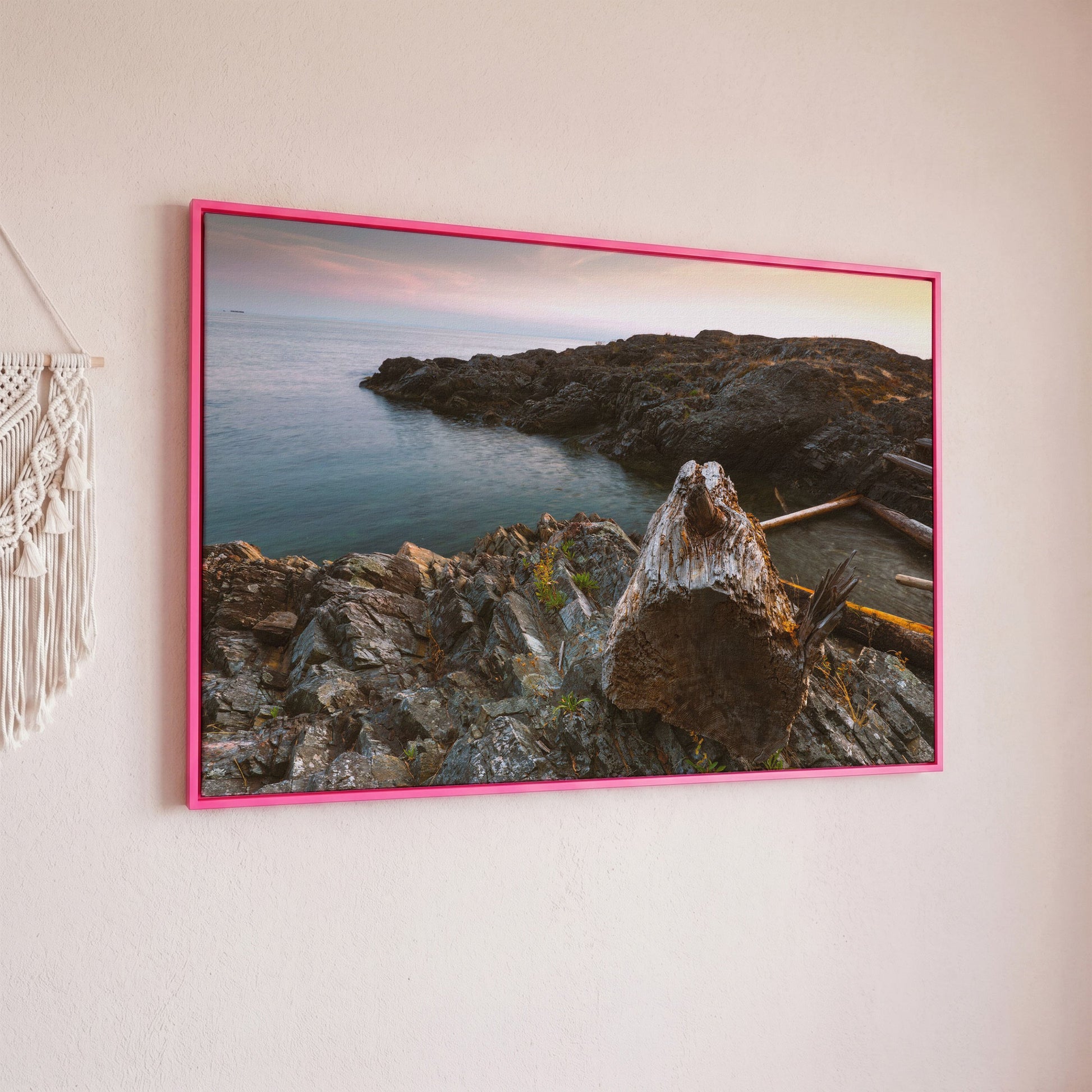 Bowen Island Rocky Shoreline Canvas Print in pink floating frame