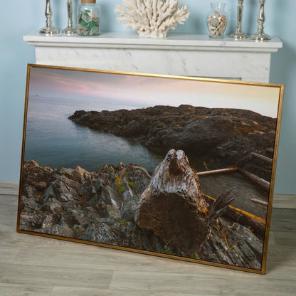 Bowen Island Rocky Shoreline Canvas Print in rose gold floating frame