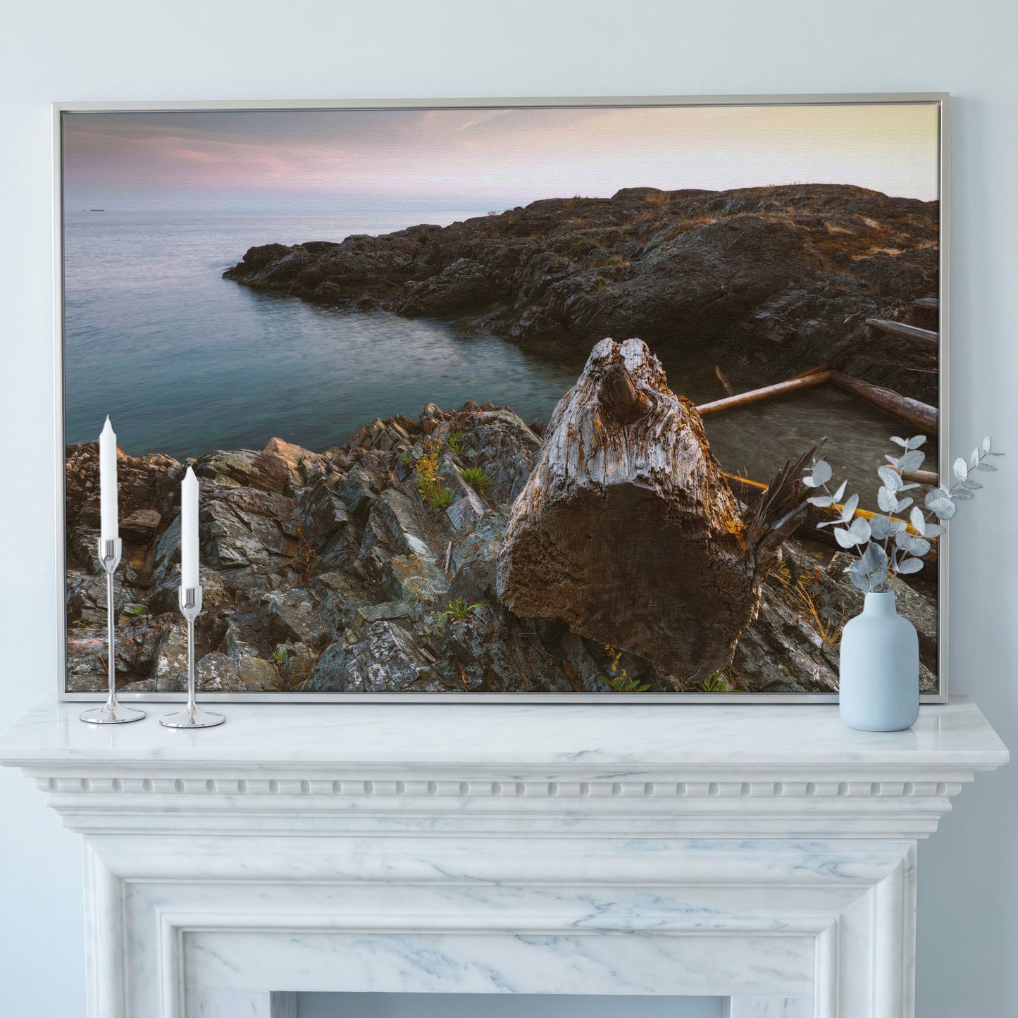 Bowen Island Rocky Shoreline Canvas Print in silver floating frame