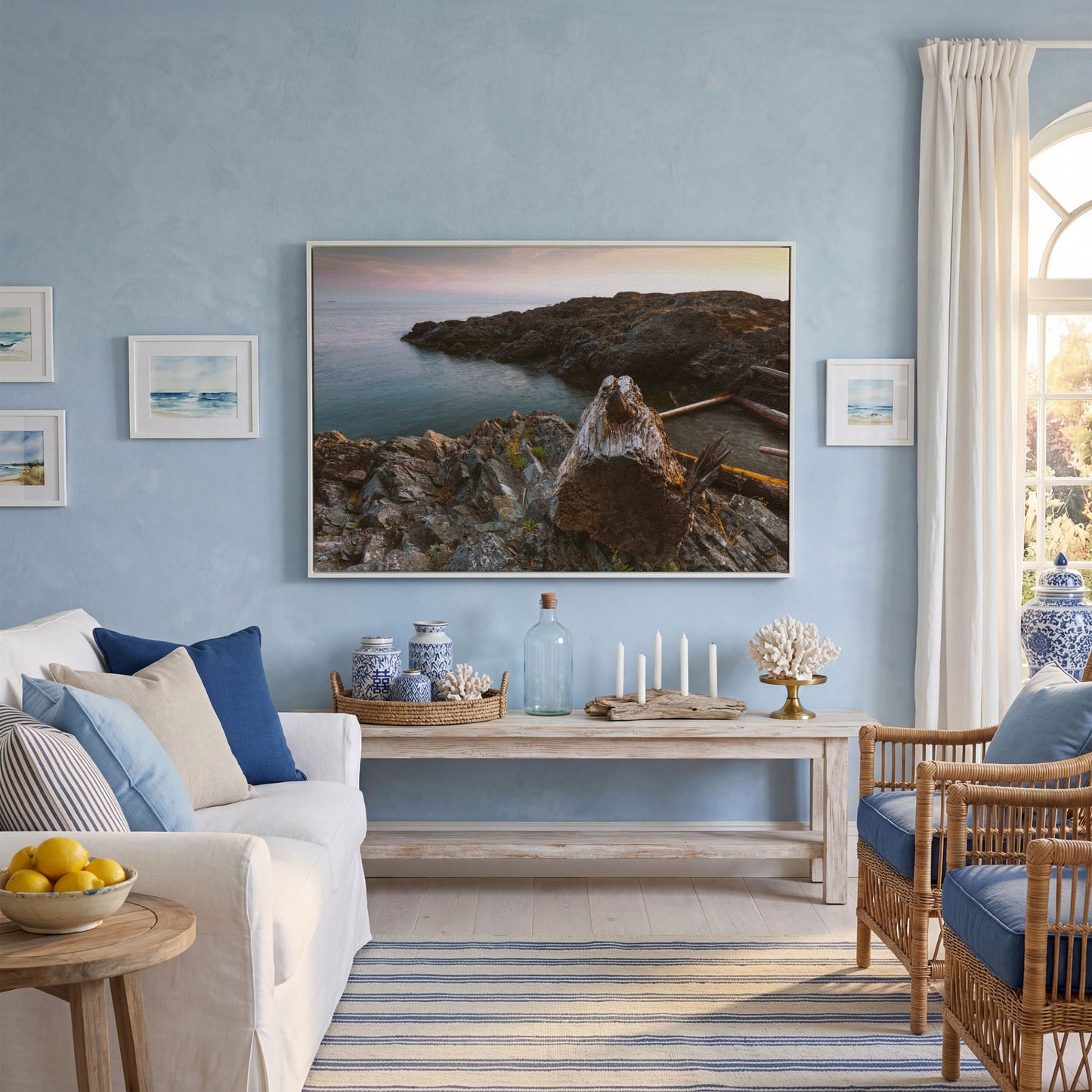 Bowen Island Rocky Shoreline Canvas Print in white floating frame