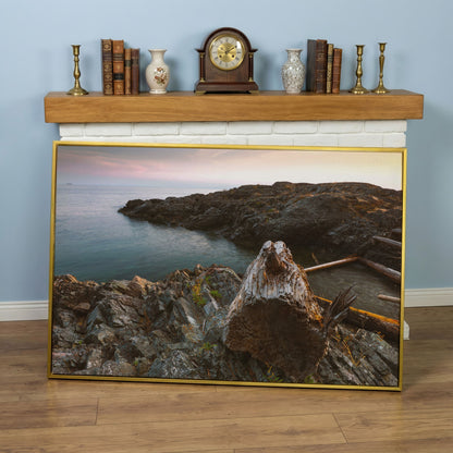Bowen Island Rocky Shoreline Canvas Print in yellow gold floating frame
