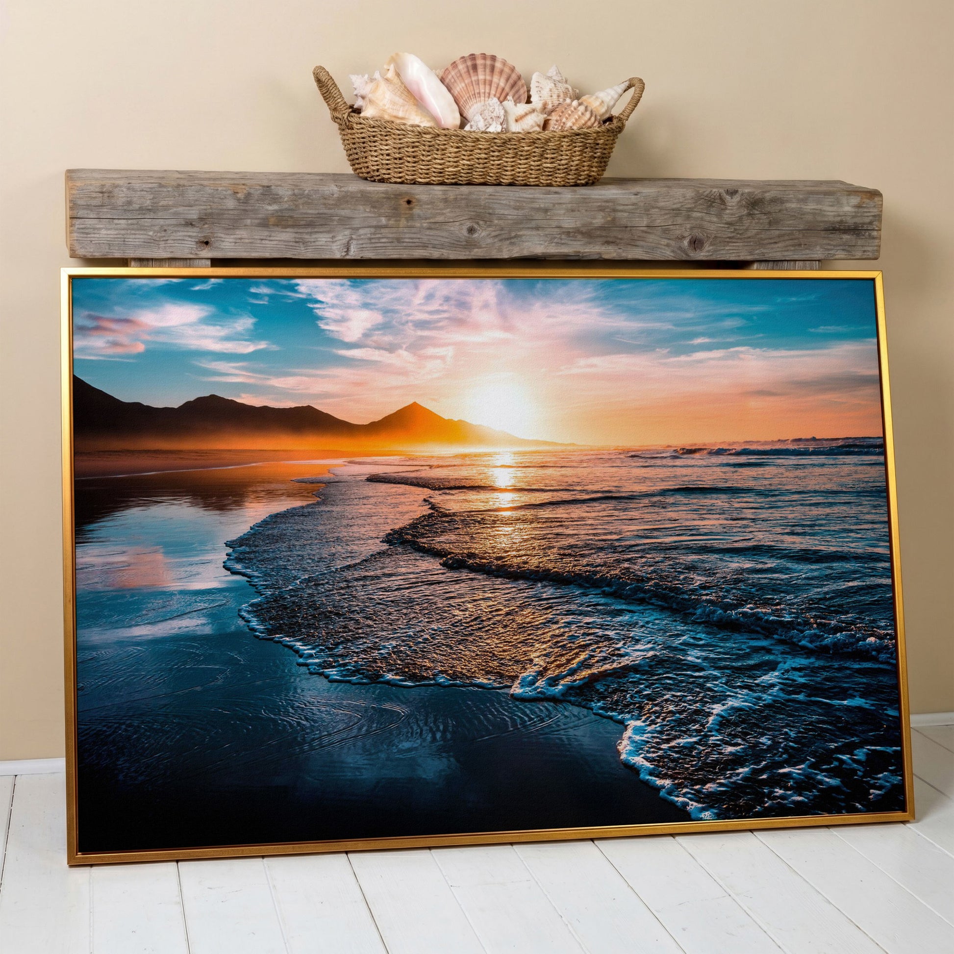 Tranquil Ocean Waves at Sunset Canvas in antique gold floating frame