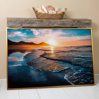 Tranquil Ocean Waves at Sunset Canvas in antique gold floating frame