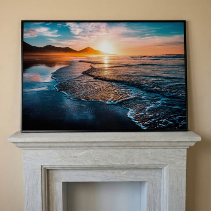 Tranquil Ocean Waves at Sunset Canvas in black floating frame