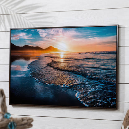 Tranquil Ocean Waves at Sunset Canvas in dark walnut floating frame