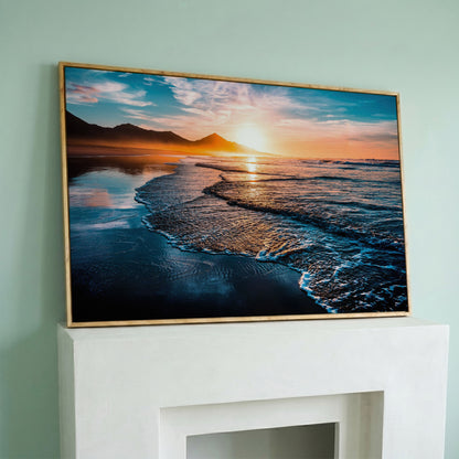 Tranquil Ocean Waves at Sunset Canvas in white oak floating frame
