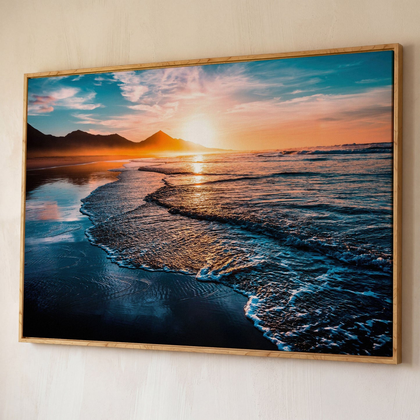 Tranquil Ocean Waves at Sunset Canvas shown in white oak floating frame