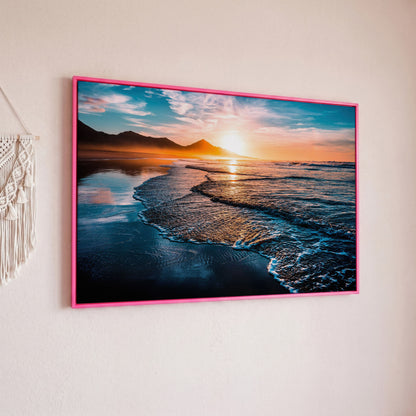 Tranquil Ocean Waves at Sunset Canvas in pink floating frame