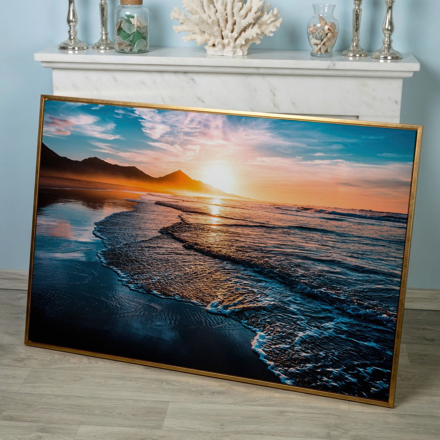Tranquil Ocean Waves at Sunset Canvas in rose gold floating frame