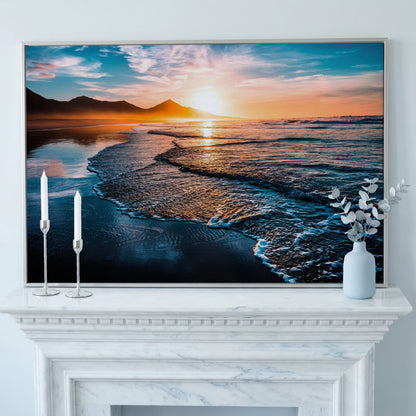 Tranquil Ocean Waves at Sunset Canvas in silver floating frame