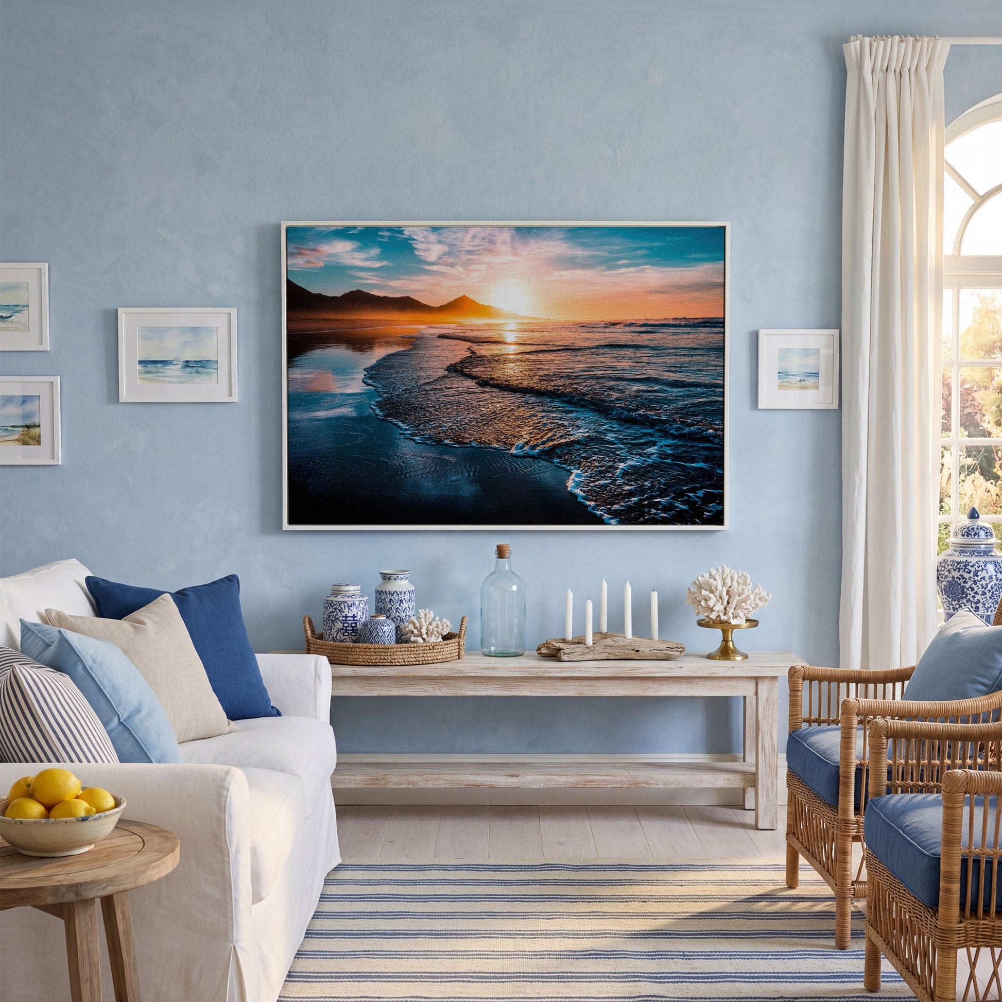 Tranquil Ocean Waves at Sunset Canvas in white floating frame