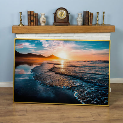 Tranquil Ocean Waves at Sunset Canvas in yellow gold floating frame