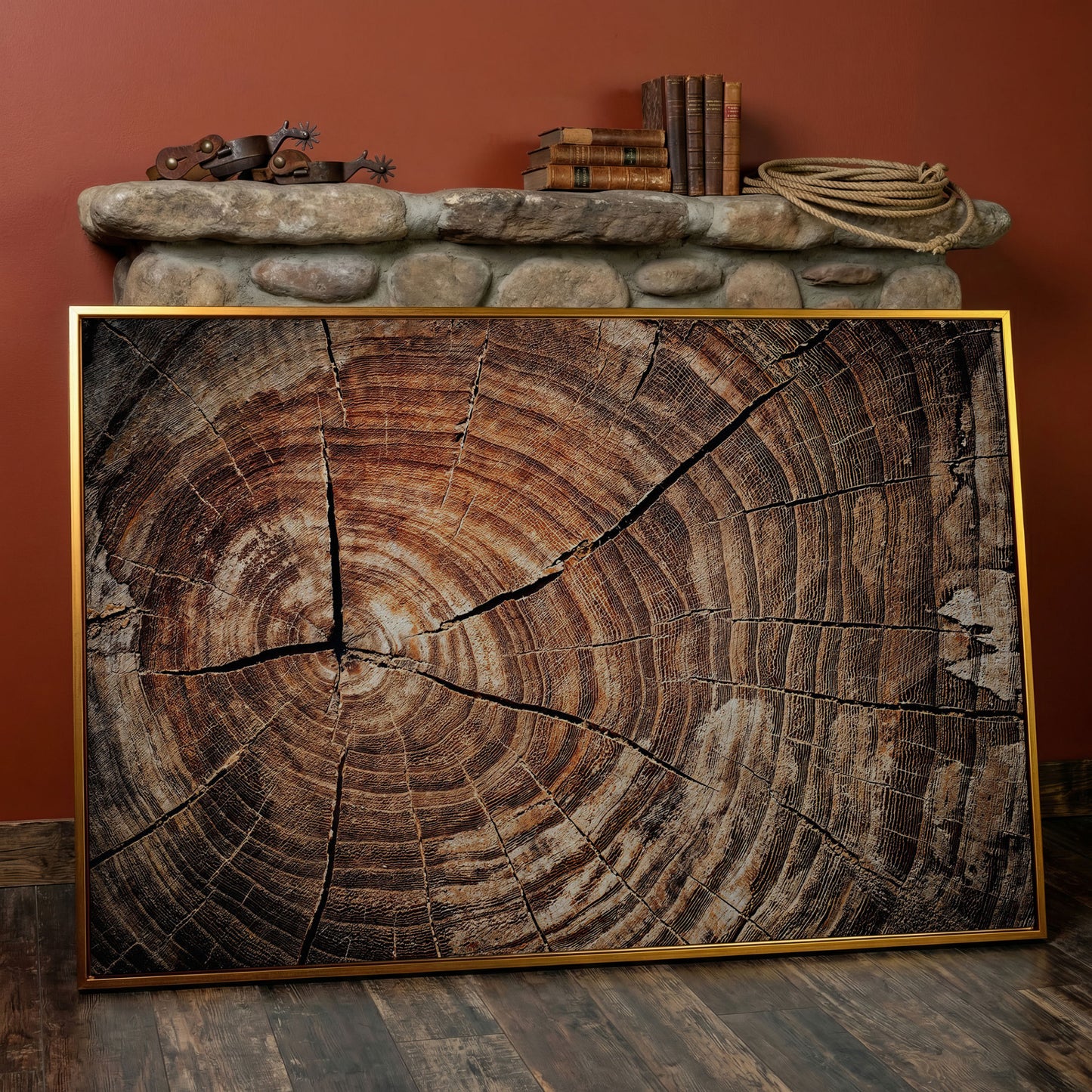 Old Oak Stump Canvas Print with Tree Rings in antique gold floating frame